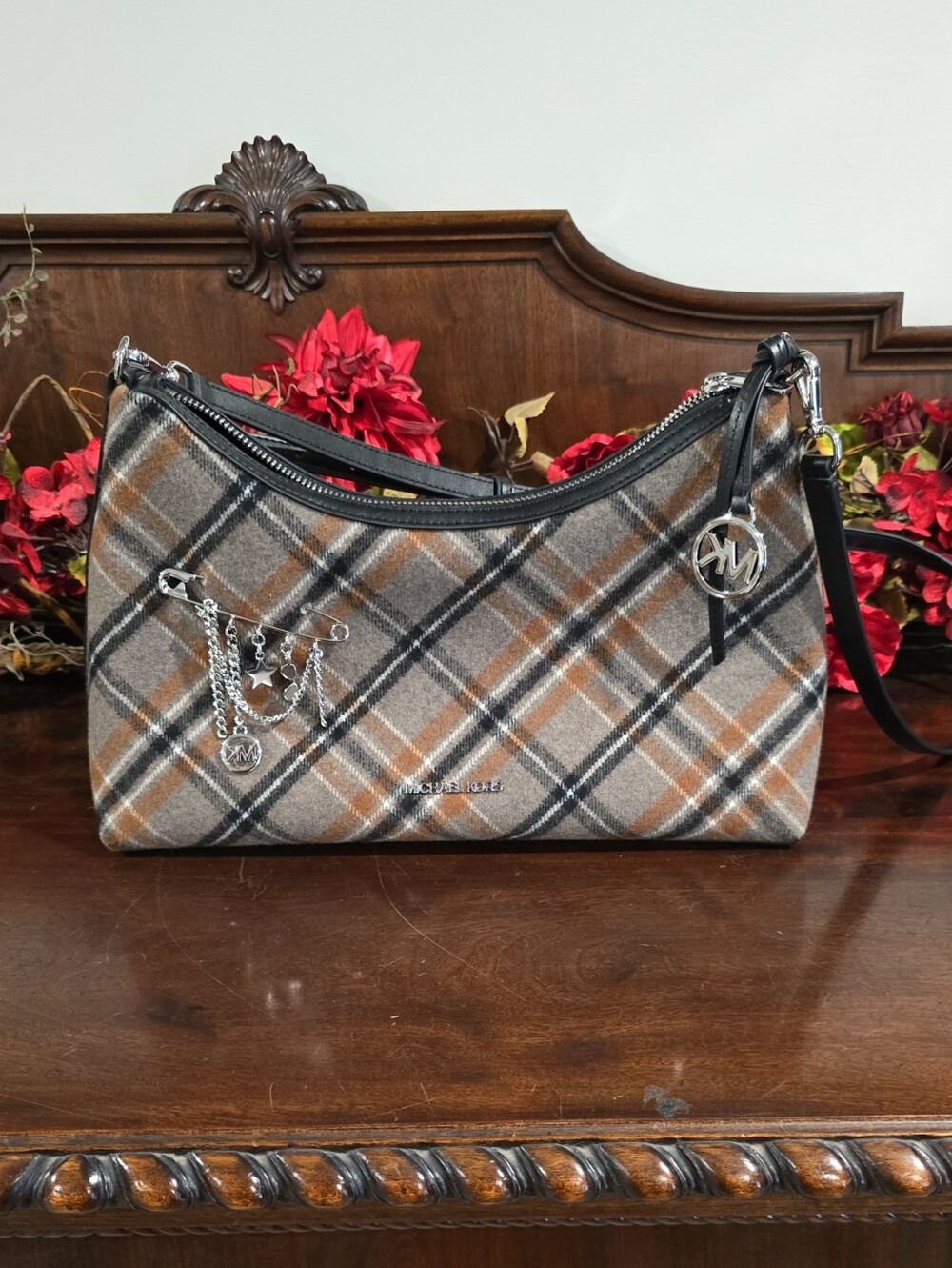 Michael Kors Sammy Wool Plaid Shoulder Bag with Black Trim